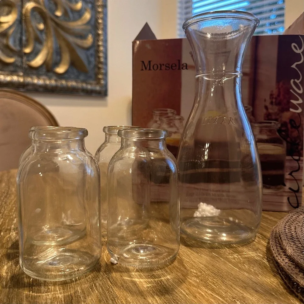 Morsela Glass Carafe Milk Bottles Tray Set 6 Piece Drinkware Beverage Serving‎
